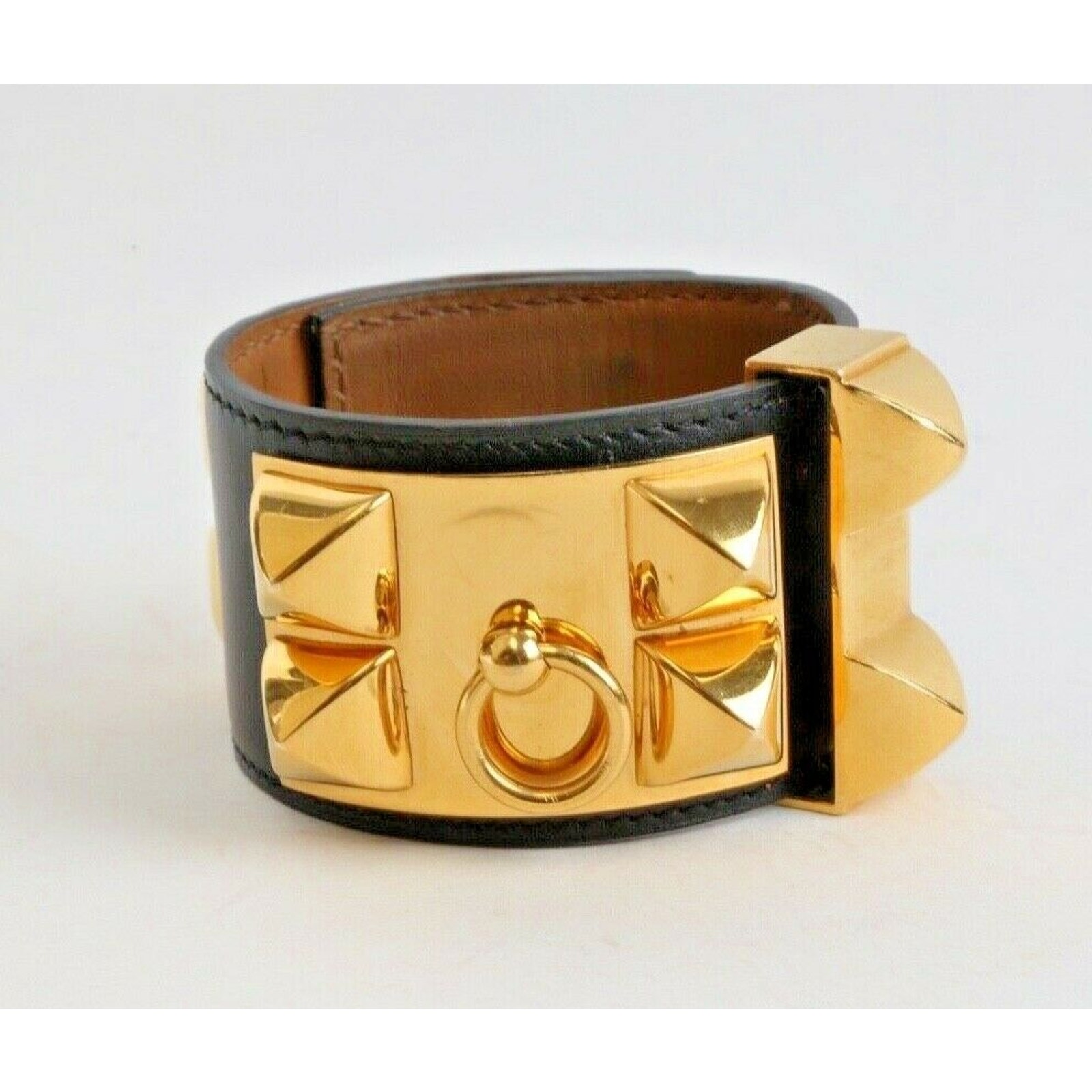 Hermes Collier De Chien Cdc Black Leather Gold Hardware Studded Cuff Bracelet